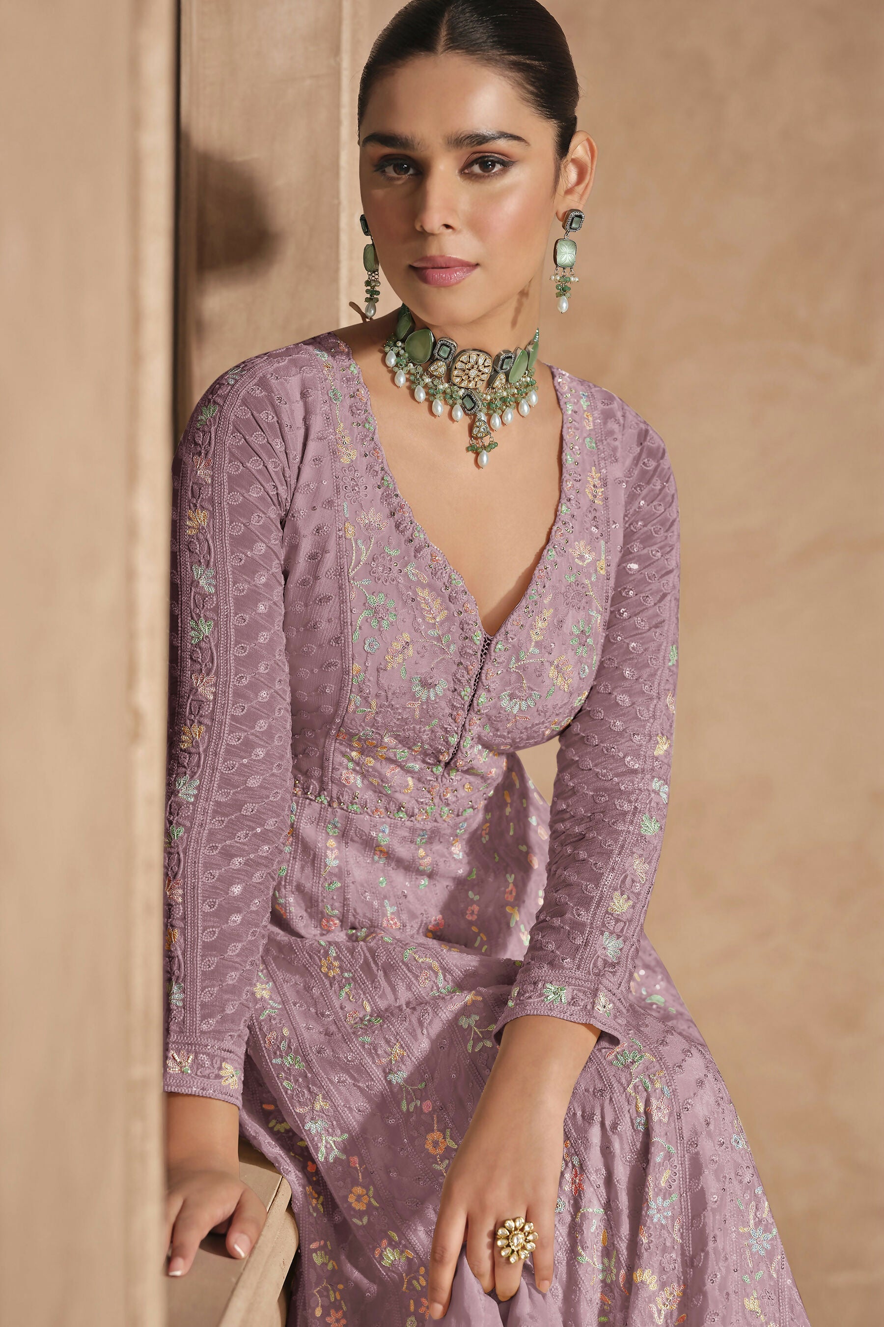 Vastranavya Mauve Chikankari Embroidered Sequence Work Abaya Suit
