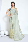 Green Organza Jari Silk Floral Embroidered Festive Saree - Nimaya Denzy