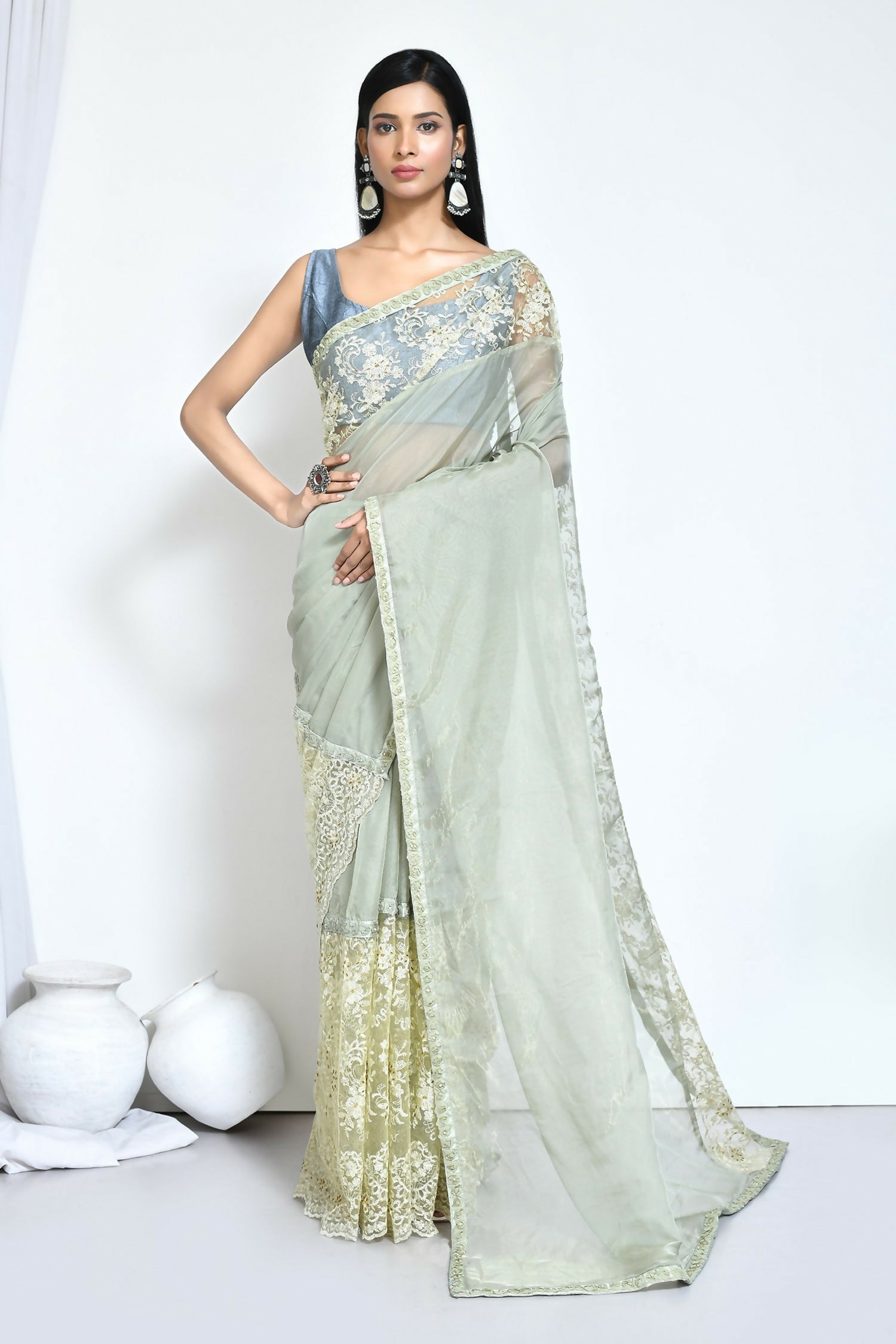 Green Organza Jari Silk Floral Embroidered Festive Saree - Nimaya Denzy