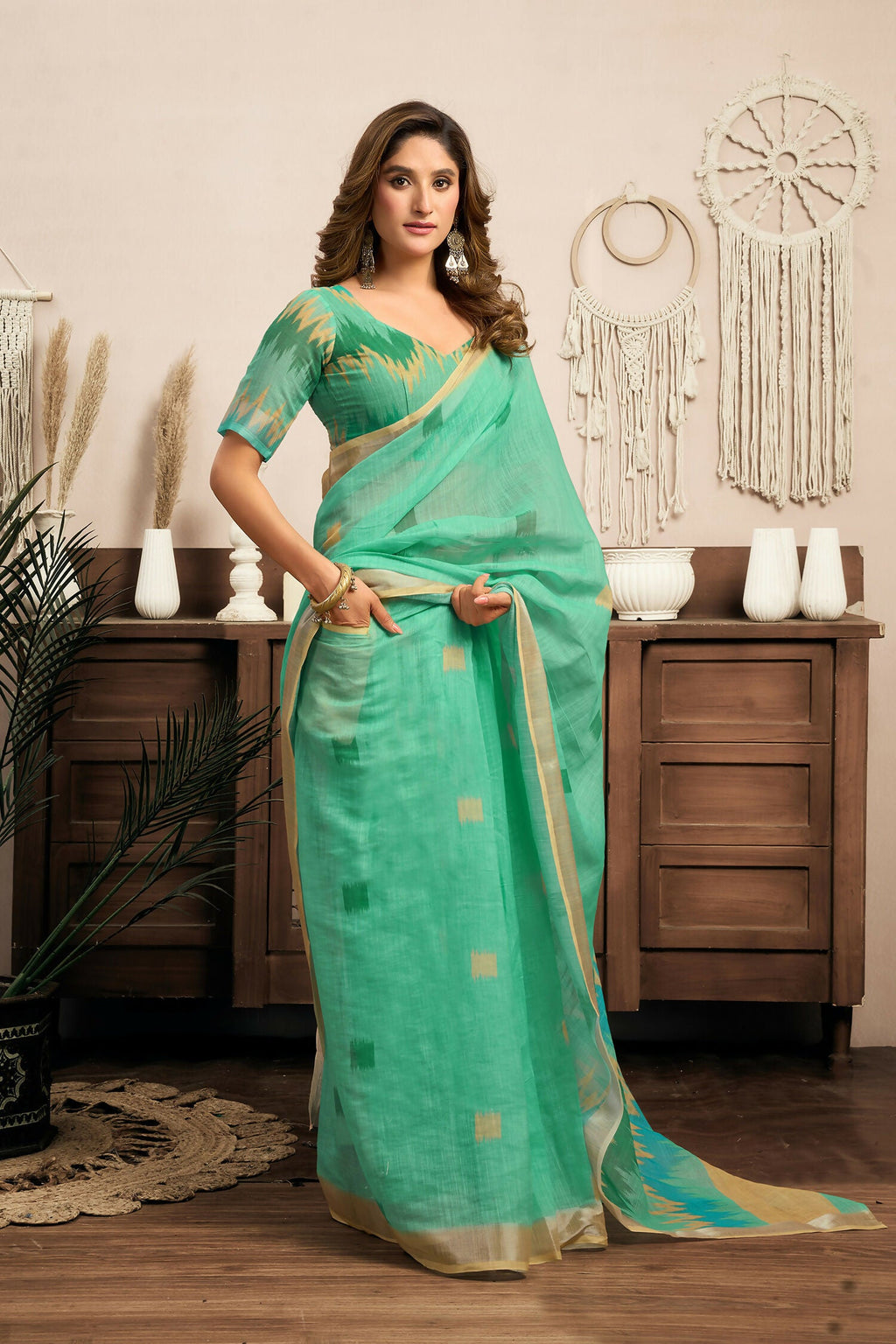Joban Fashion Teal Green Ikkat Linen Ready To Wear Saree With Unstitched Blouse - Distacart