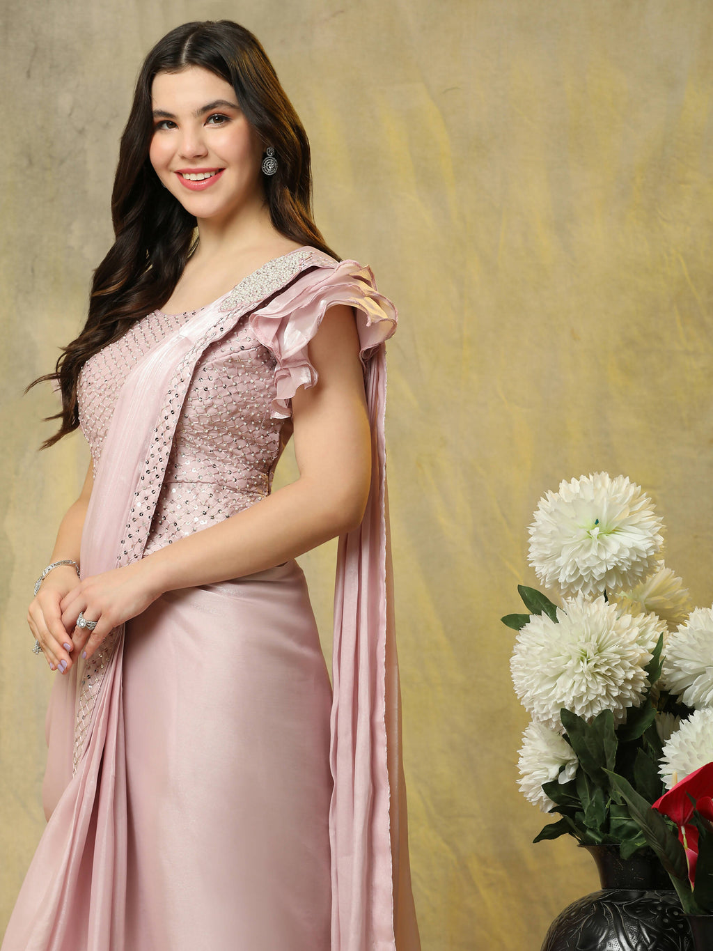 Light Pink Silk Satin Sequence Work Ready to Wear Saree with stitched Blouse - Nirvana