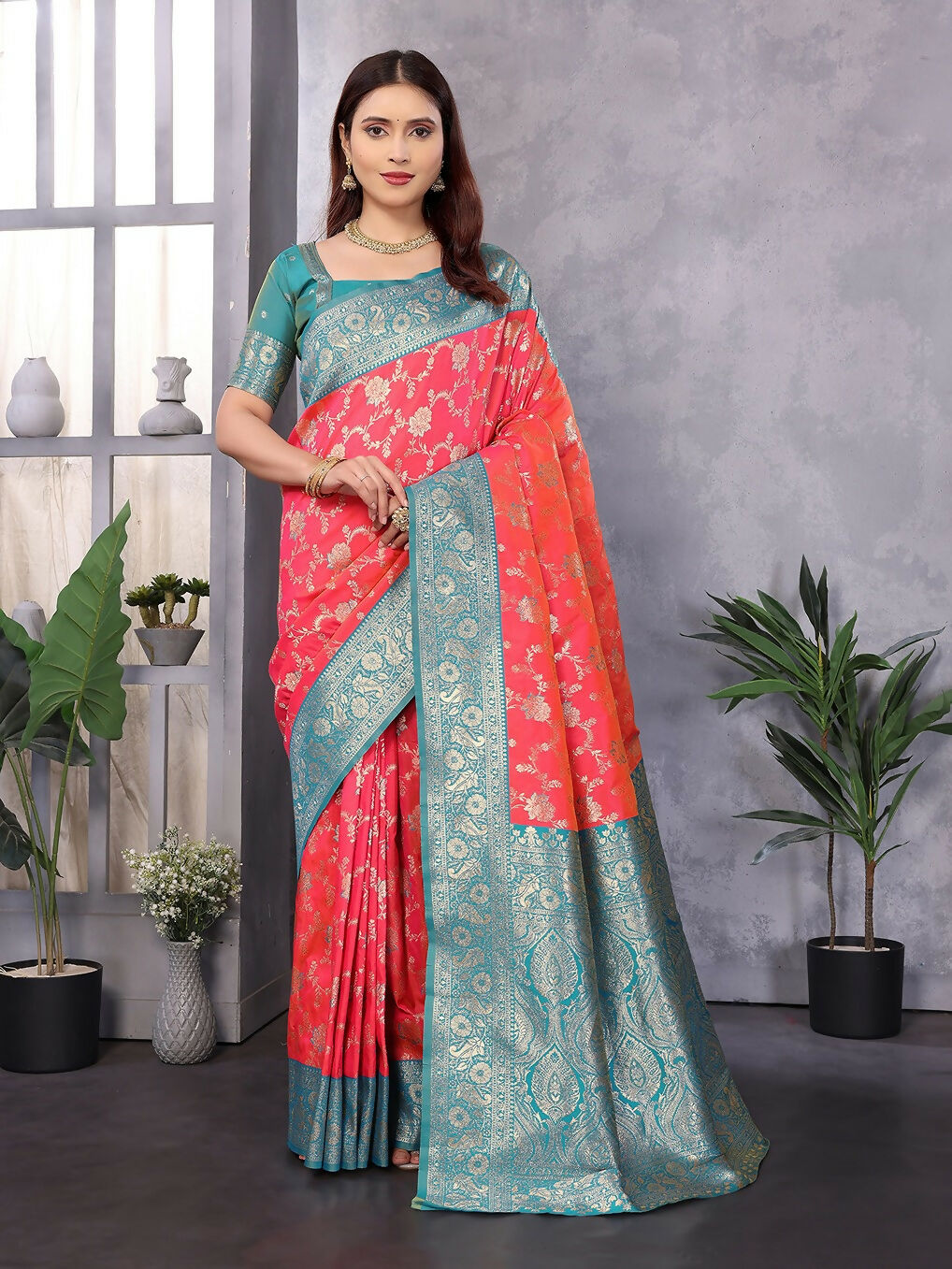 Joban Fashion Banarasi Peach Woven Soft Silk Saree - Distacart