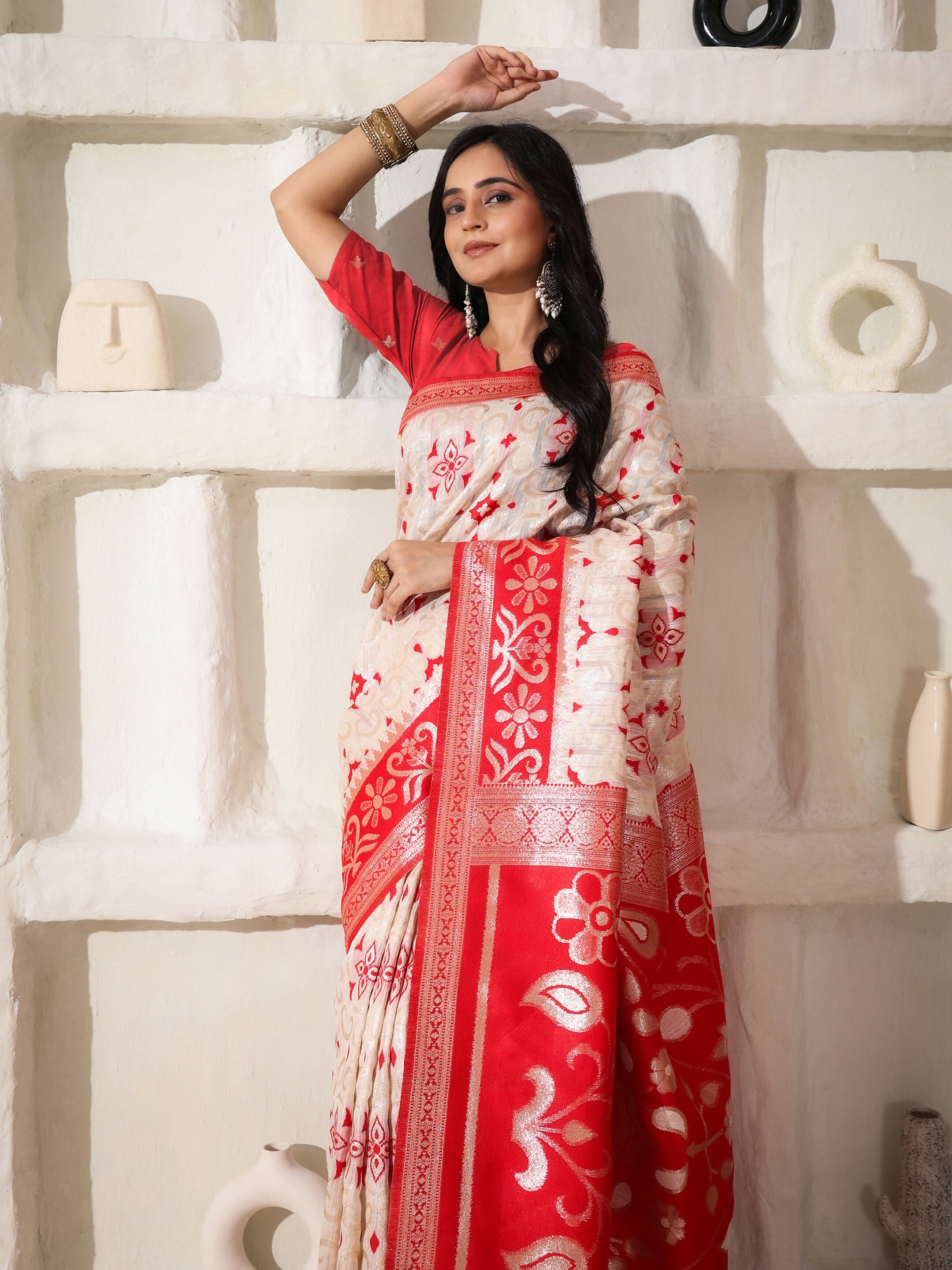 Shree Shyam Fashion Linen Cotton Red & White Saree - Distacart