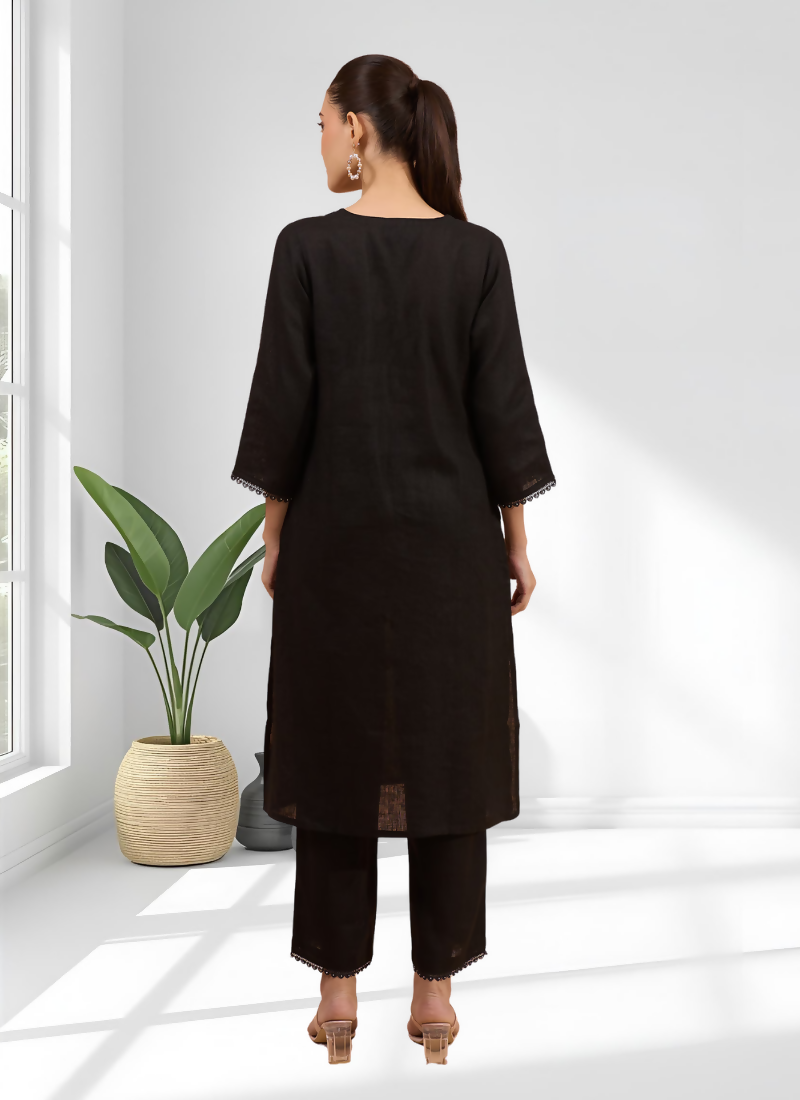 Joban Fashion Black Linen Embroidered Readymade Long Kurta With Pant - Distacart