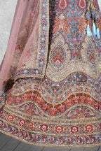Aqua Blue Velvet Thread with Hand Work Semi Stitched Lehenga Choli with Dupatta - Nimaya Lagnotsav