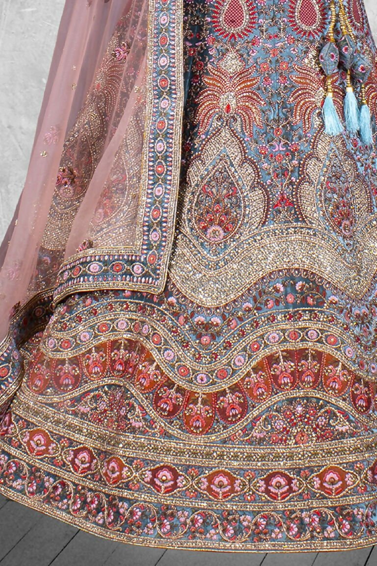 Aqua Blue Velvet Thread with Hand Work Semi Stitched Lehenga Choli with Dupatta - Nimaya Lagnotsav