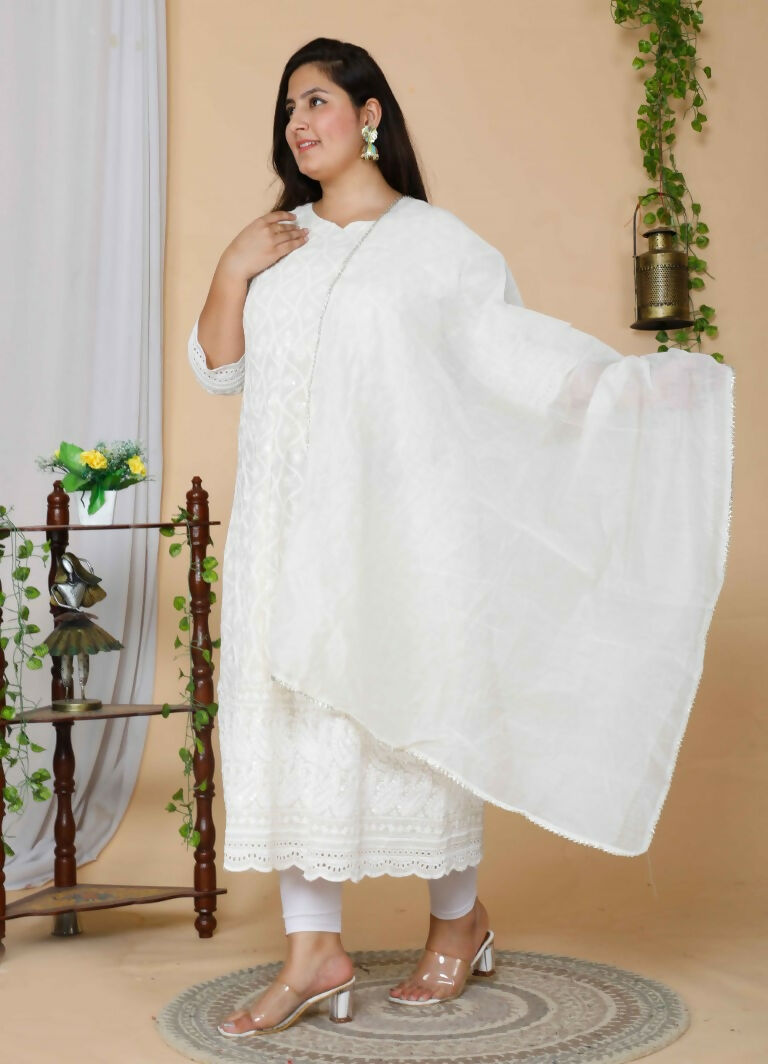 Miravan Women's Plus Size Beige Chikankari Thread Work Anarkali Kurta With Dupatta
