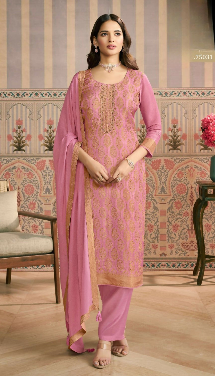 Anaita Pink Viscose Lotus Shimmer Stitched Suit with Jacquard Work - Distacart