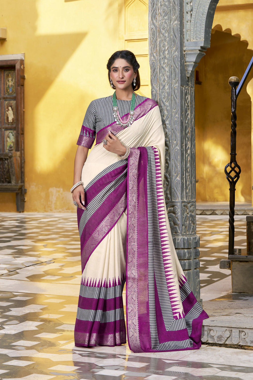 Vastranavya Off White Printed with Zari Weaving Work Poly Cotton Saree & Unstitched Blouse - Distacart