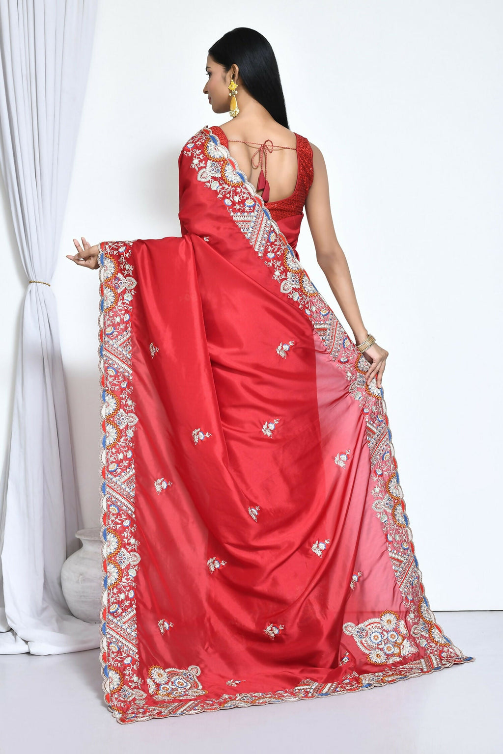 Red Crepe Silk Sequence Embroidered Saree - Nimaya Benzy