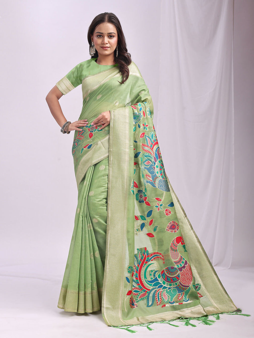 Shree Shyam Fashion Linen Cotton Light Green Saree - Distacart