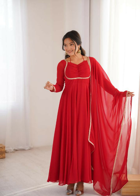 Lehenga Mart Designer Anarkali Suit With Kurta, Dupatta For Women-Red