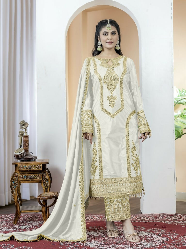 Teeya Creation White Color Chinnon Silk Embroidery Work Fully Stitched Salwar Suit - Distacart