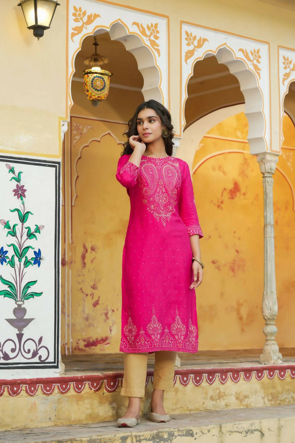 Juniper Women's Fuchsia Shanton Printed Straight Kurta - Distacart