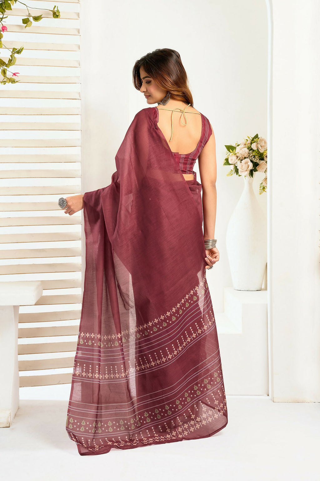 Joban Fashion Maroon Ethnic Motifs Linen Ready To Wear Saree With Unstitched Blouse - Distacart