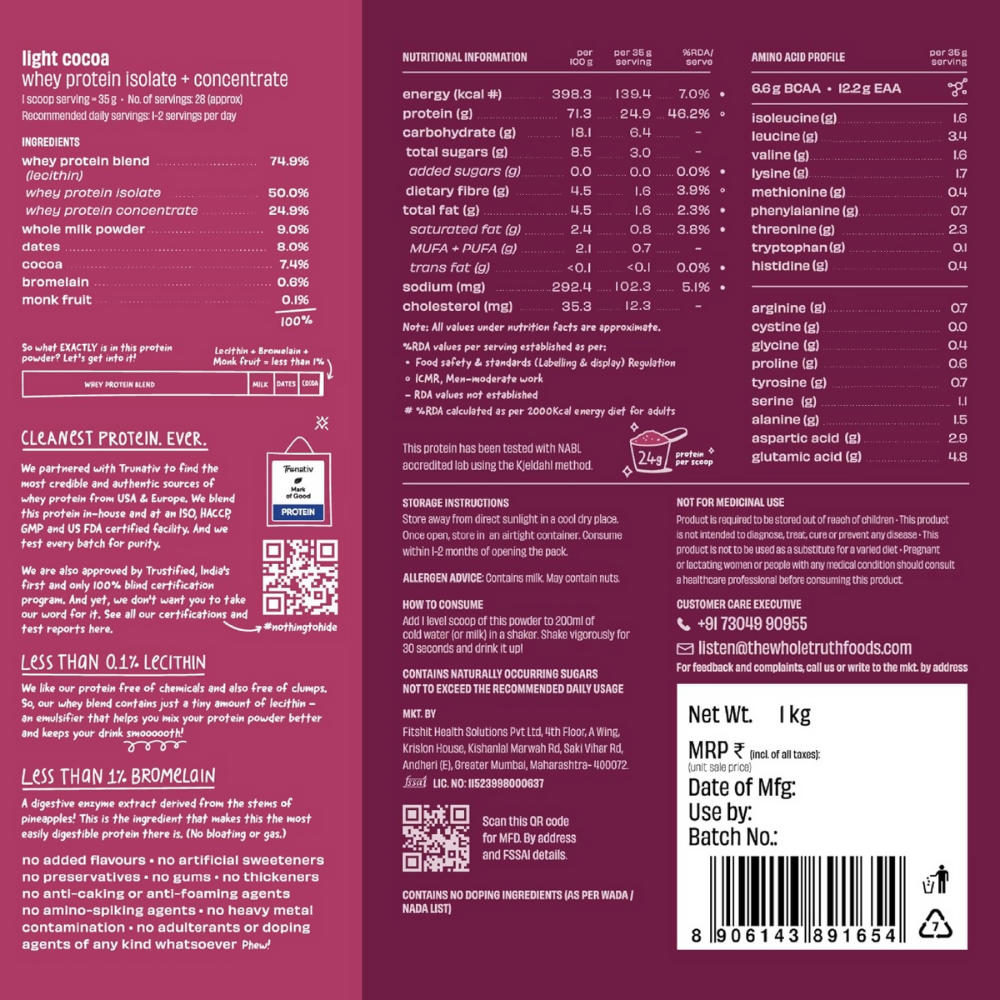 The Whole Truth Whey Protein Isolate+Concentrate - Light Cocoa - Distacart