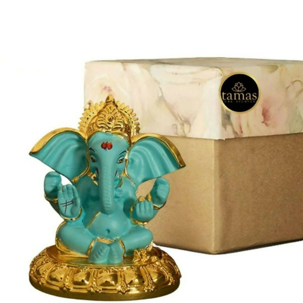 Tamas Gold-Polished Gaj Karna Ganesh Idol Flora Blue & Gold Color