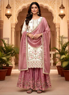 Teeya Creation Multi Color Pure Silk Gimmy Silk Heavy Embroidery Work Wedding Wear Palazzo Pair - Distacart