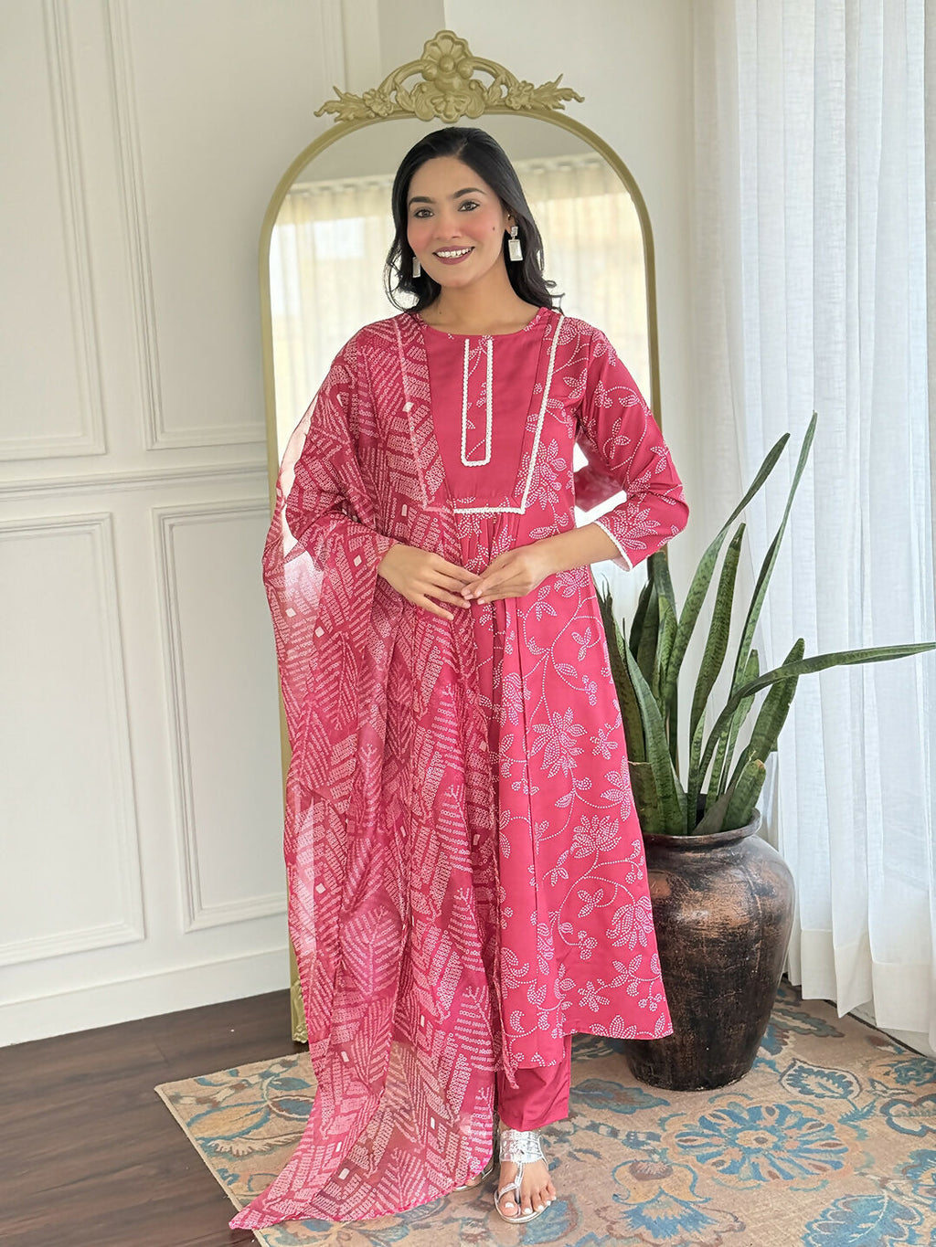 The52 Women's Beautiful Rayon Fabric Printed Work Flared Kurta Pant and Dupatta Set - Distacart