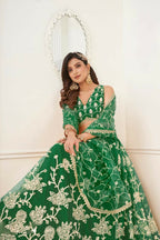 Aastha Fashion Parrot Green Butterfly Net White Cotton Thread Work And Sequence Work Embroidery Wedding Wear Lehenga Choli