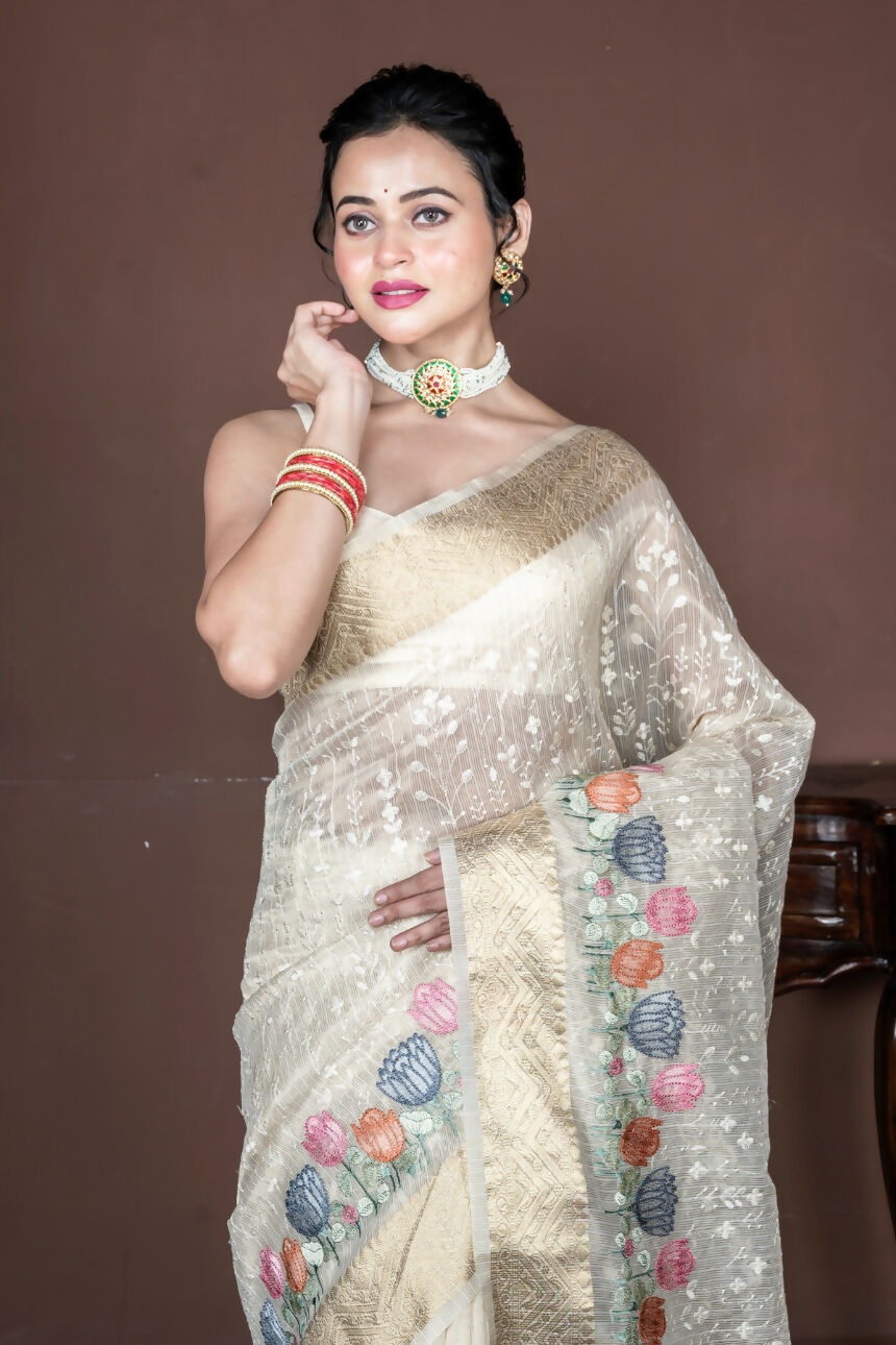 Morchari Beige Banarasi Tissue Computer Embroidery Saree Unstitched Blouse - Distacart