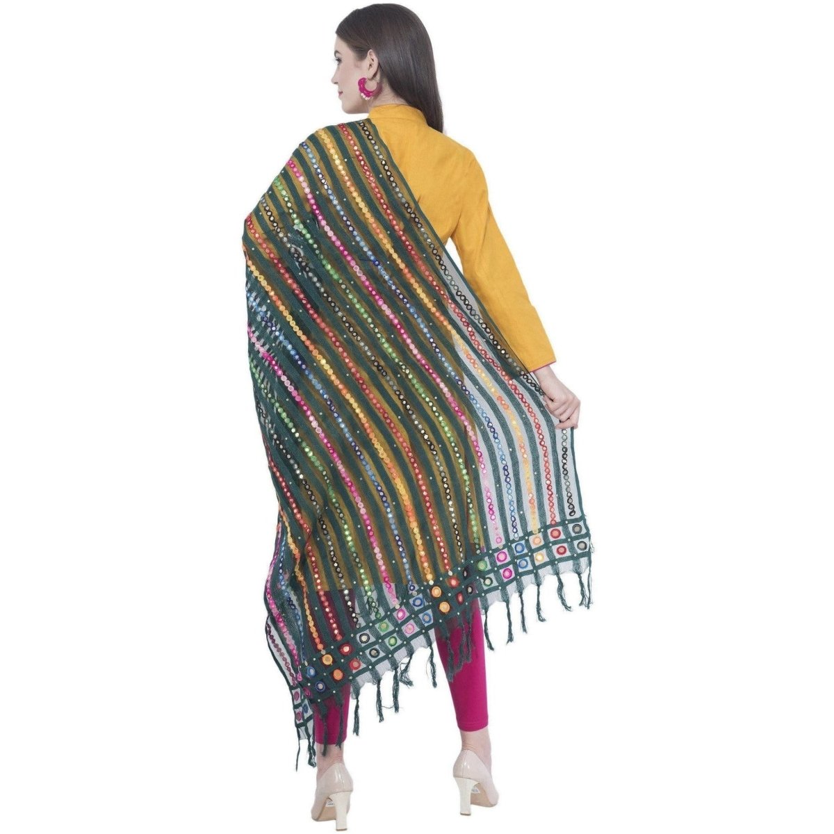 A R Silk Women's Multi Thread Work Orgenza Cotton Bottle Green Dupattas and Chunnis