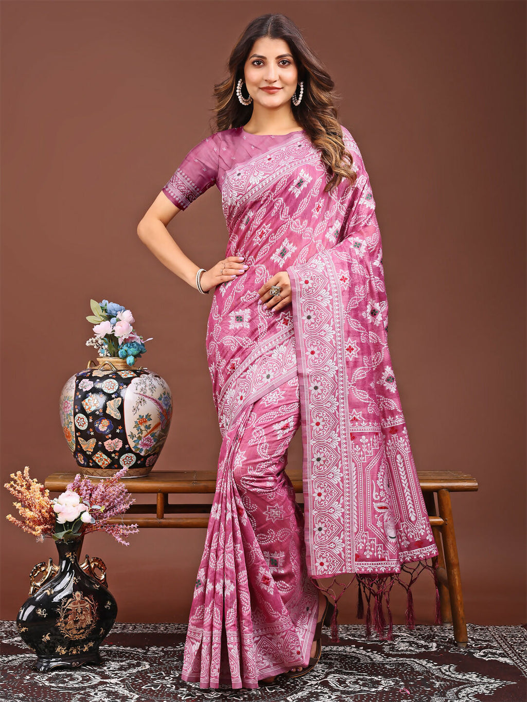 Shree Shyam Fashion Pankhuri Pink Linen Cotton Saree