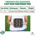 The Indus Valley 9 Pit/Cup CASTrong Cast Iron Paniyaram/Appe Pan+ Spatula, Pre-seasoned, Natural Nonstick, 100% Pure, Toxin-free, 18.2 cm, 1.34 kg