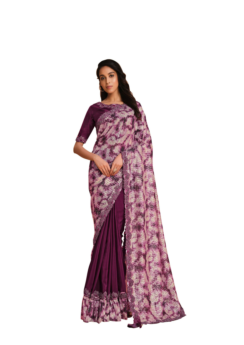 Purple Satin Crepe Silk Sequence Embroidered Saree With Unstitched Blouse - Mohmanthan Yavanika