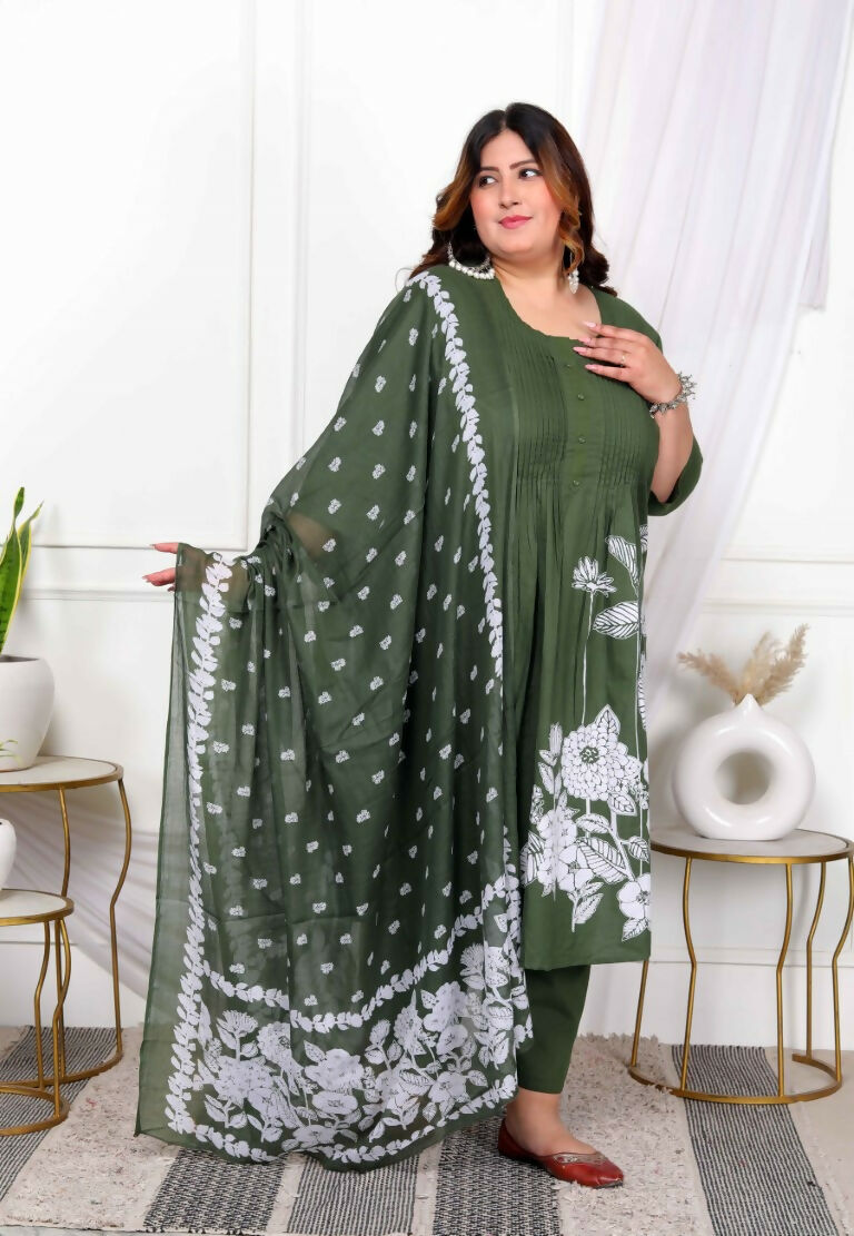 Miravan Women's Plus Size Mehandi Pintucks Floral Pattern Cotton Straight Kurta with Palazzo And Floral Dupatta Set