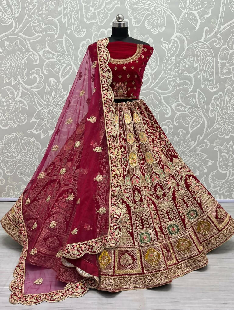 Jyoti Fashion Women's Rani Pink Velvet Dori, Multi Thread Embroidered with Diamond Work Wedding Lehenga Choli