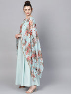 Ahalyaa Aqua Blue Poly Silk Kurta With Attached Printed Dupatta - Distacart