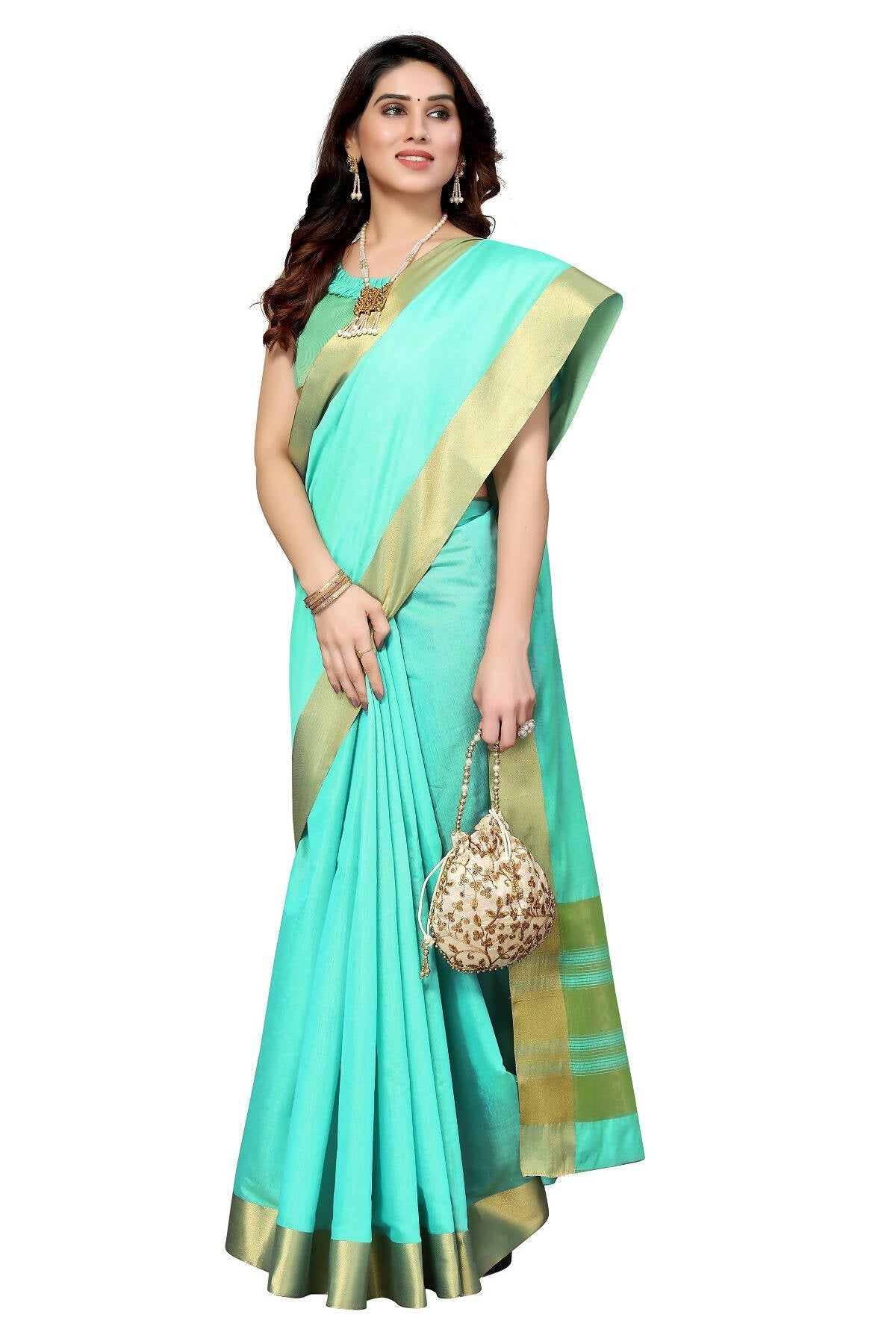 Vamika Sky Blue Cotton Polyester Silk Weaving Saree - Distacart