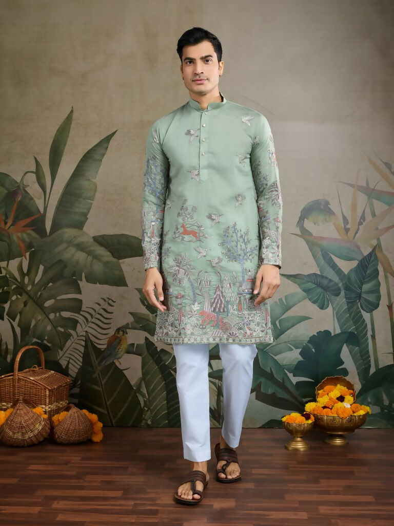 Vastranavya Pista Green Exclusive Festival Wear Viscose Silk Thread & Sequence Embroidered Work Kurta