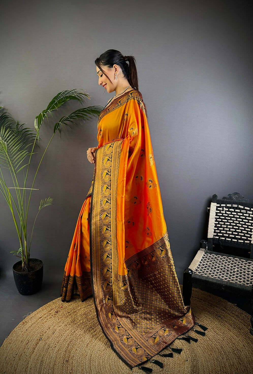 Joban Fashion Banarasi Orange Woven Soft Silk Saree - Distacart