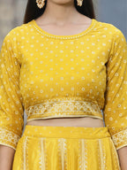 Juniper Mustard Bandhani Printed Shantoon Slub Lehenga Choli & Net Dupatta Set.