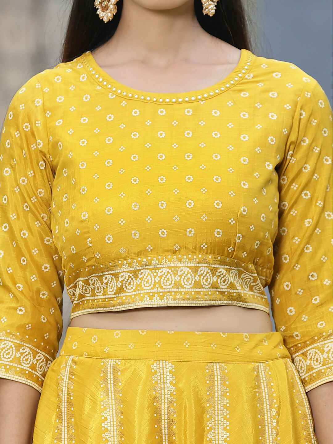 Juniper Mustard Bandhani Printed Shantoon Slub Lehenga Choli & Net Dupatta Set.