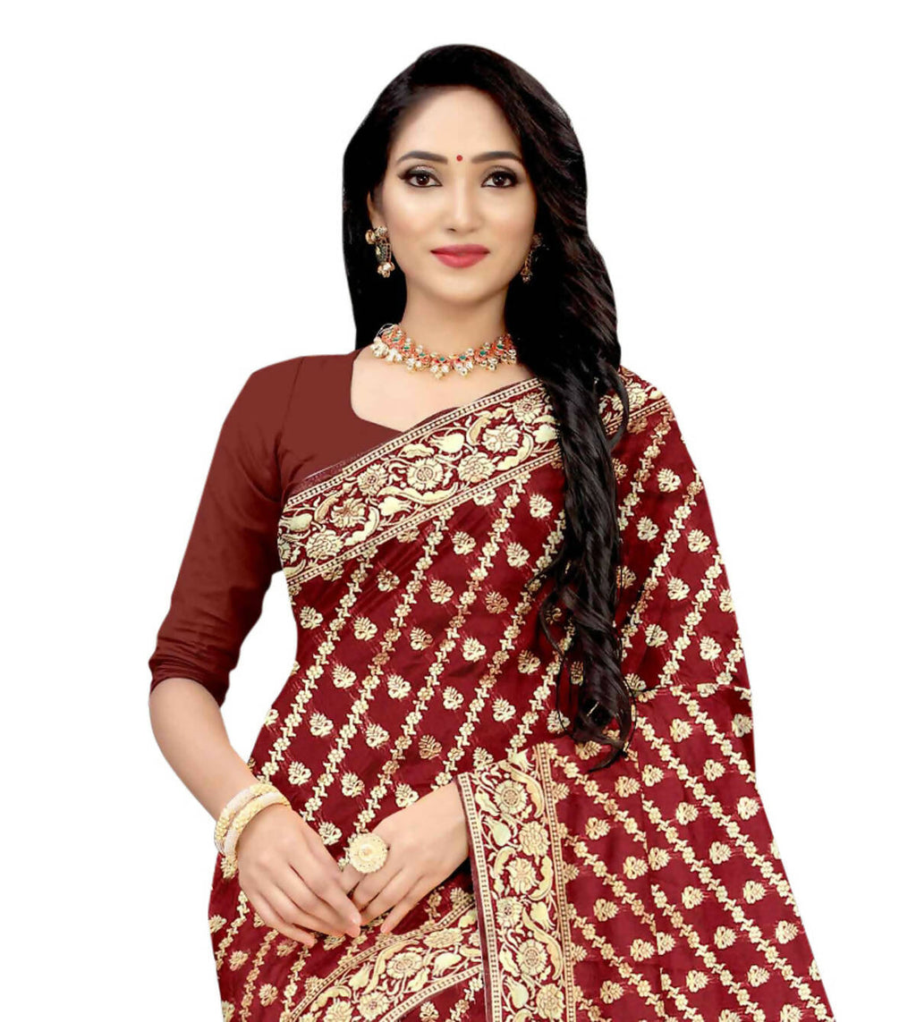 Vamika Maroon Weaving Banarasi Jacquard Saree - Distacart