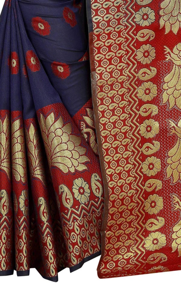 Vamika Banarasi Cotton Silk Navy Blue & Red Weaving Saree