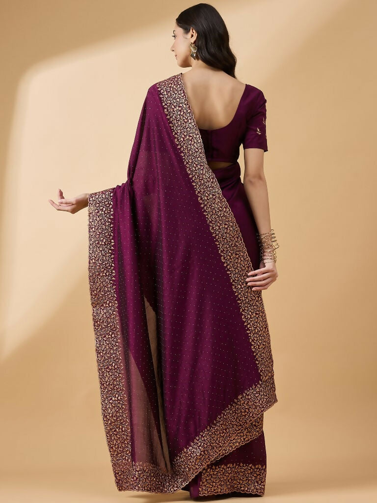 Purple Silk Blend Embroidered Saree with Unstitched Blouse - Vairagi