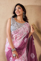 Vastranavya White Onion Digital Printed Linen Ready To Wear Designer Saree with Unstitched Blouse - Distacart