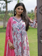 The52 Women's Beautiful Rayon Fabric Printed Work Flared Kurta Pant and Dupatta Set - Distacart