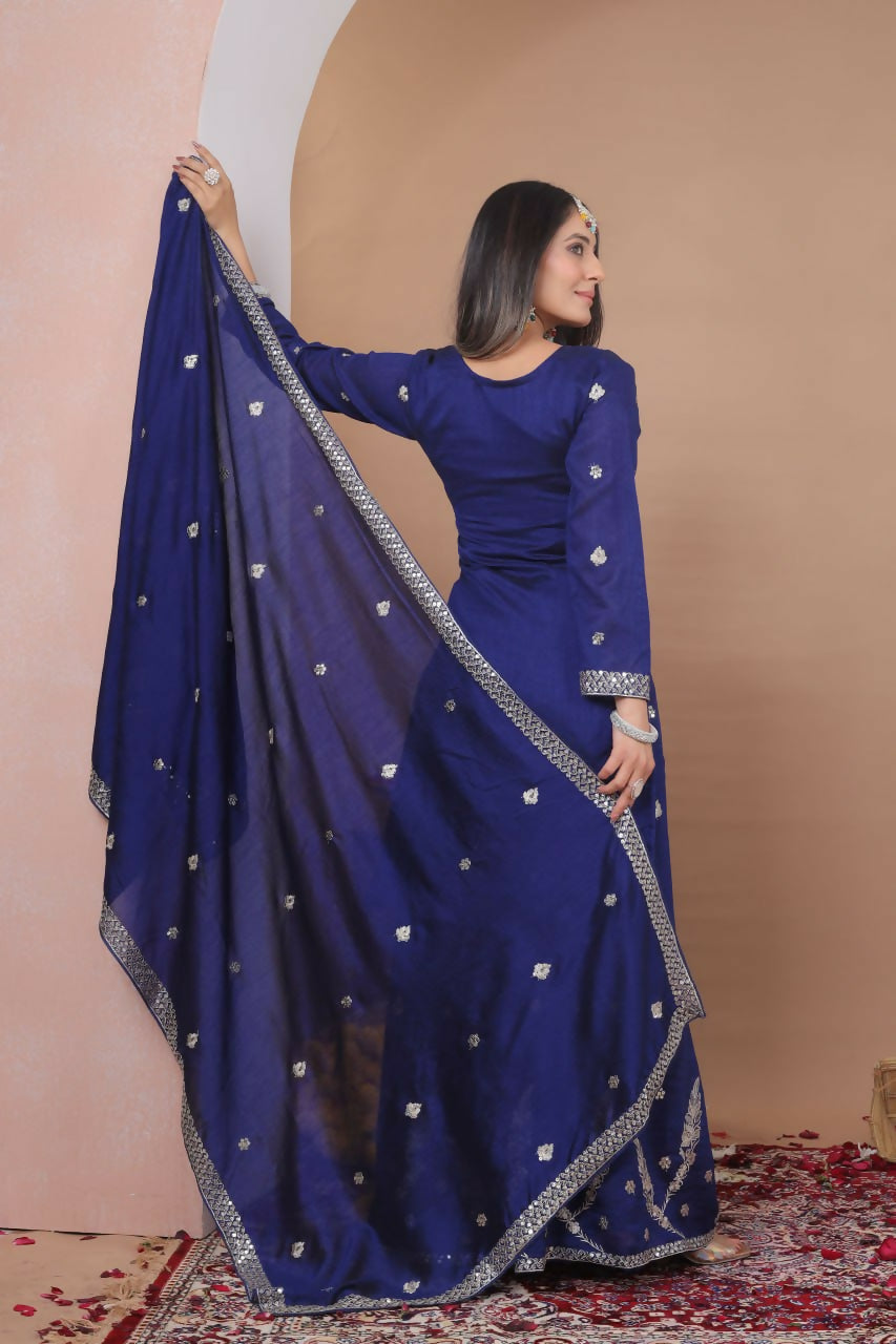 Teeya Creation Blue Color Vichitra Silk Embroidery Work Wedding Wear Palazzo Set - Distacart