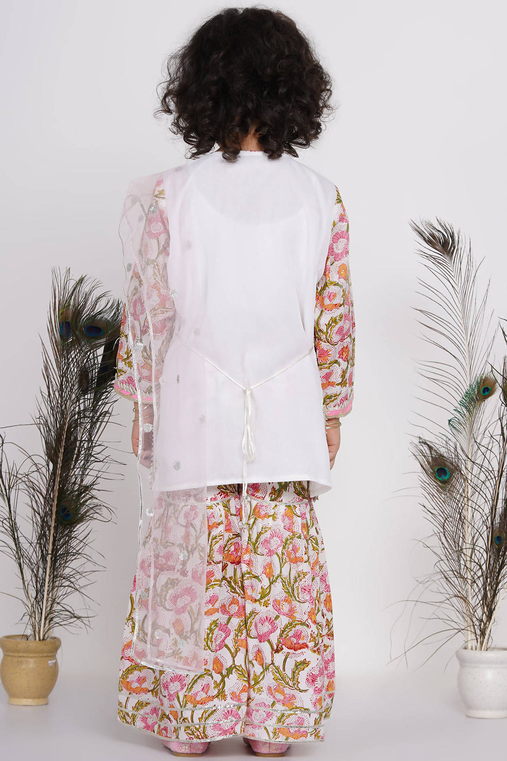 Little Bansi Girls Cotton Floral work Kurta with Floral Sharara & Dupatta - White
