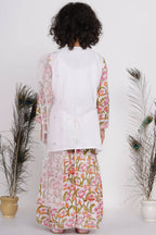 Little Bansi Girls Cotton Floral work Kurta with Floral Sharara & Dupatta - White