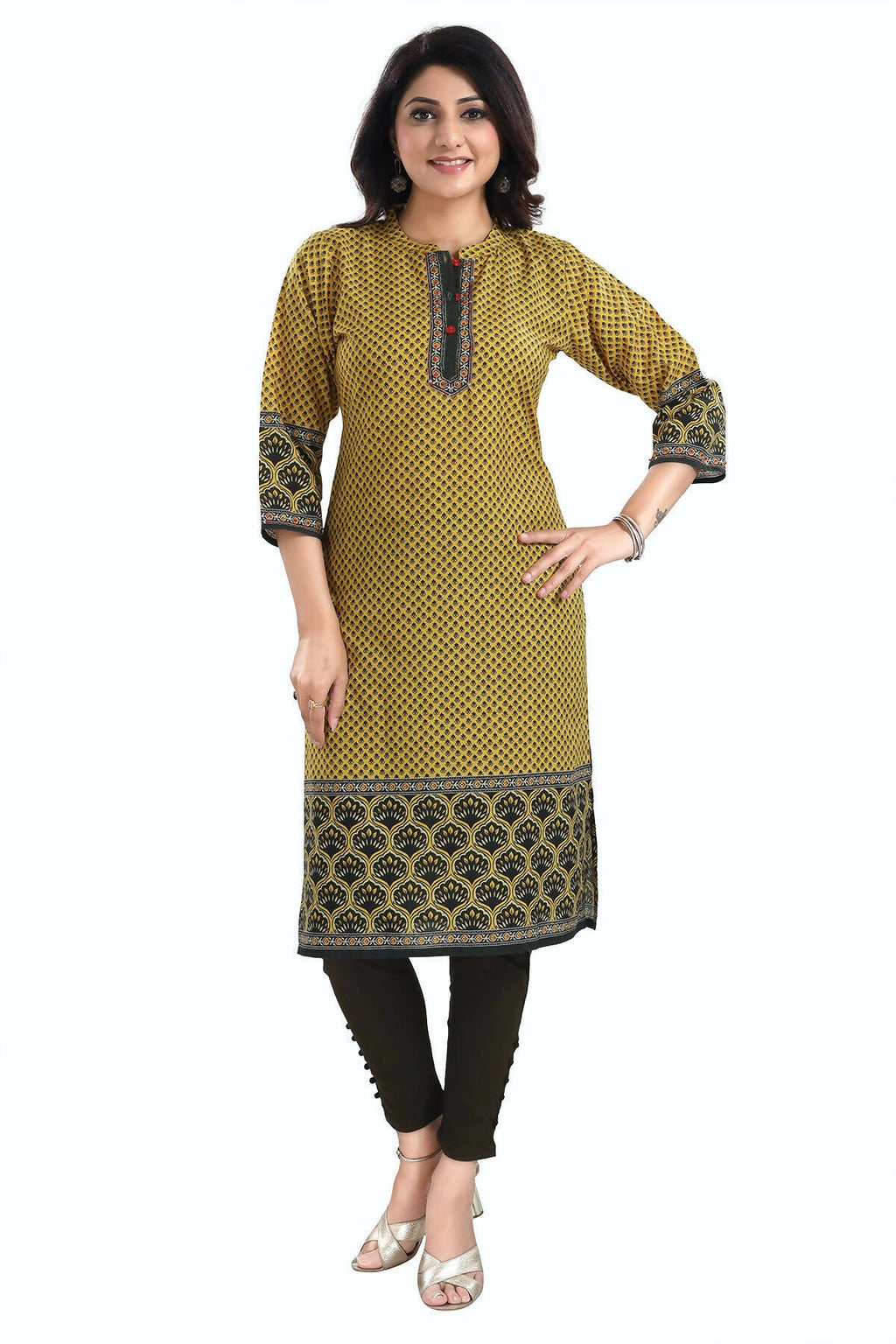 Snehal Creations Yellow Designer Digital Print Cotton Slub Fabric Long Kurti Tunic - Distacart