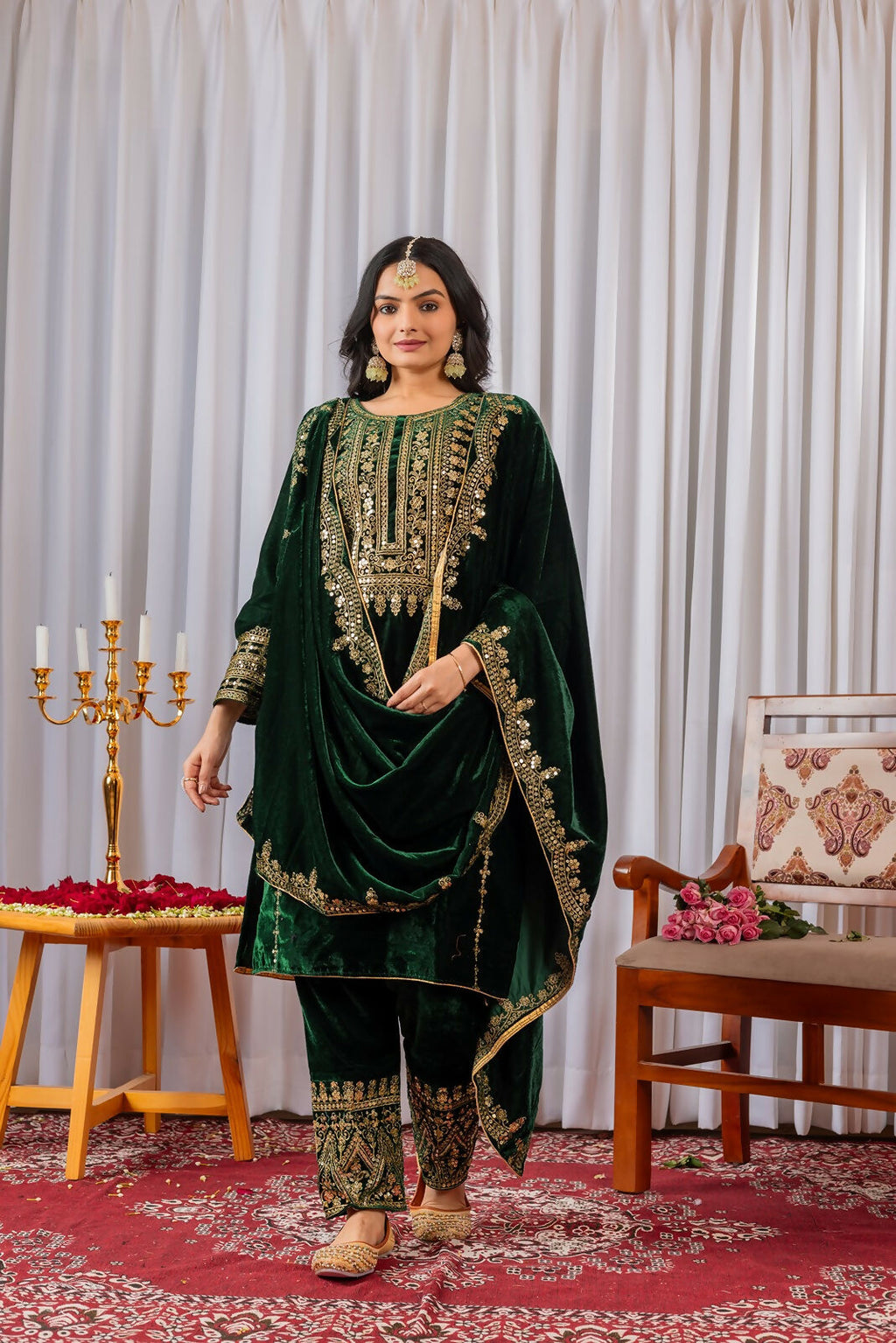 Joban Fashion Green Velvet Sequence Embroidery Work Kurta Set - Distacart
