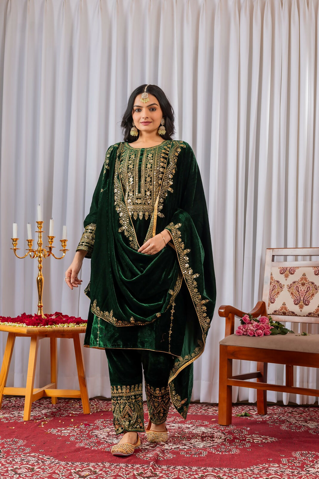 Joban Fashion Green Velvet Sequence Embroidery Work Kurta Set - Distacart