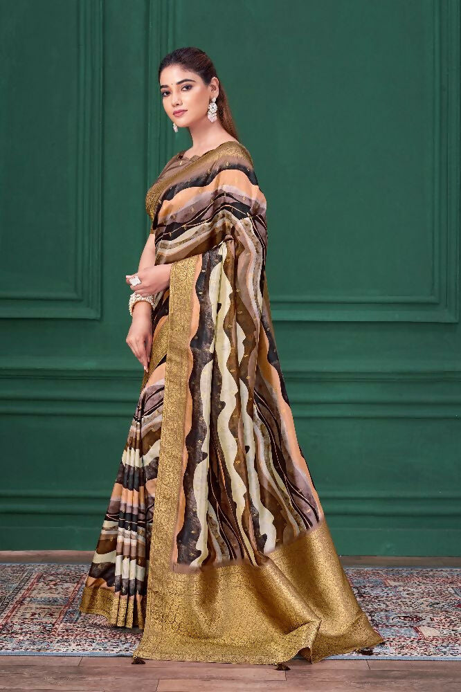 Lilac Purple Tussar Silk Jacquard Abstract Digital Print Saree with Unstitched Blouse - Mohira