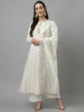 FIORRA Women's White Pure Cotton Flared Kurta Palazzo Set With Dupatta